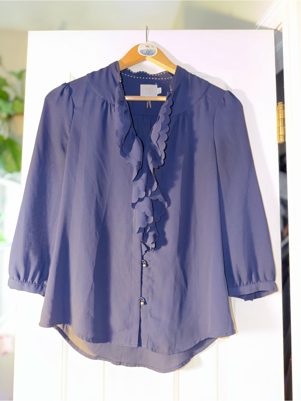 Anthropologie HD in Paris Navy Scalloped Ruffle Blouse Boho 3/4 Sleeve
